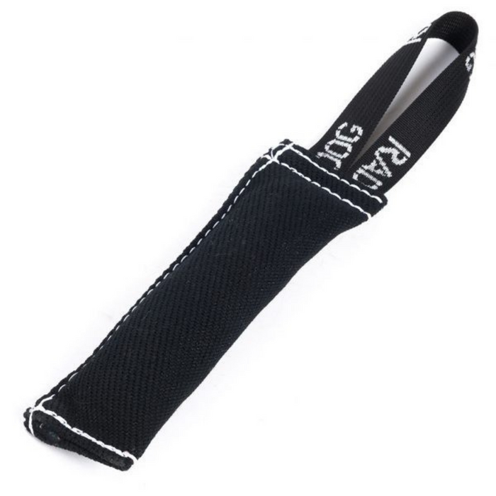 Black padded french linen dog training tug toy with a loop handle is perfect for dog reward tugging training