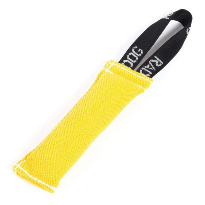 Yellow padded dog training tug toy with a textured fabric surface, white stitching along the edges, and a black loop handle with white printed text, displayed against a light background.