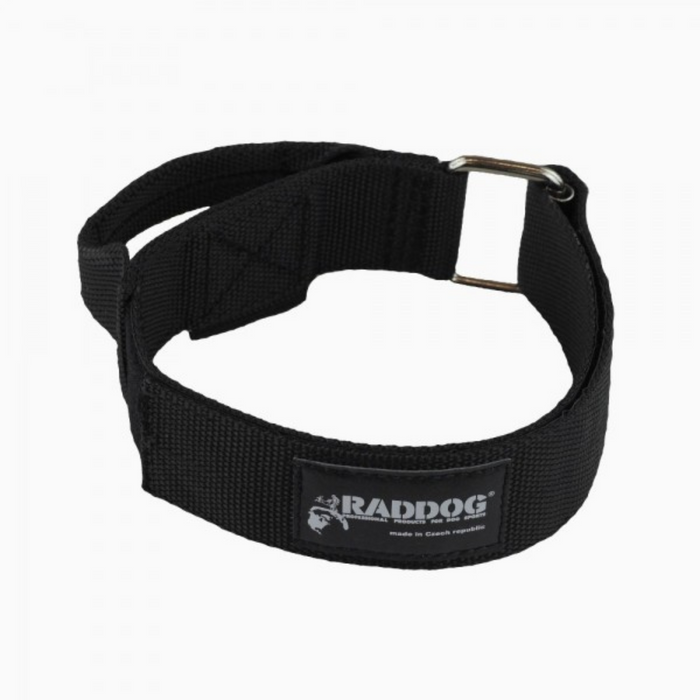 RADDOG heavy duty tactical dog collar in black nylon with reinforced stitching, metal buckle, and velcro strap designed for strength and training use.