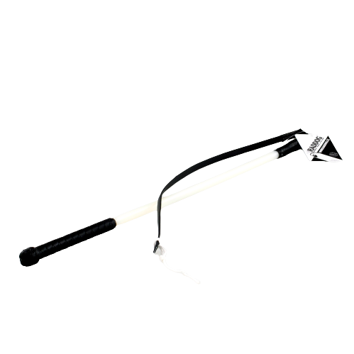 RADDOG plastic training whip with a black handle, flexible white shaft, and replaceable biothane popper, used for obedience and protection dog training.