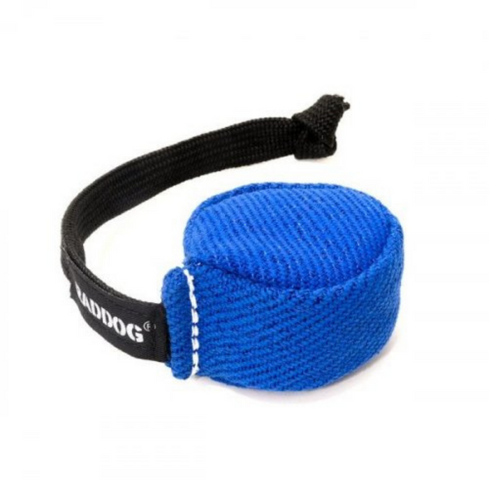 A small blue nylcot ball with a flat rope, designed as a dog toy, with the brand 'Raddog' visible on the rope.
