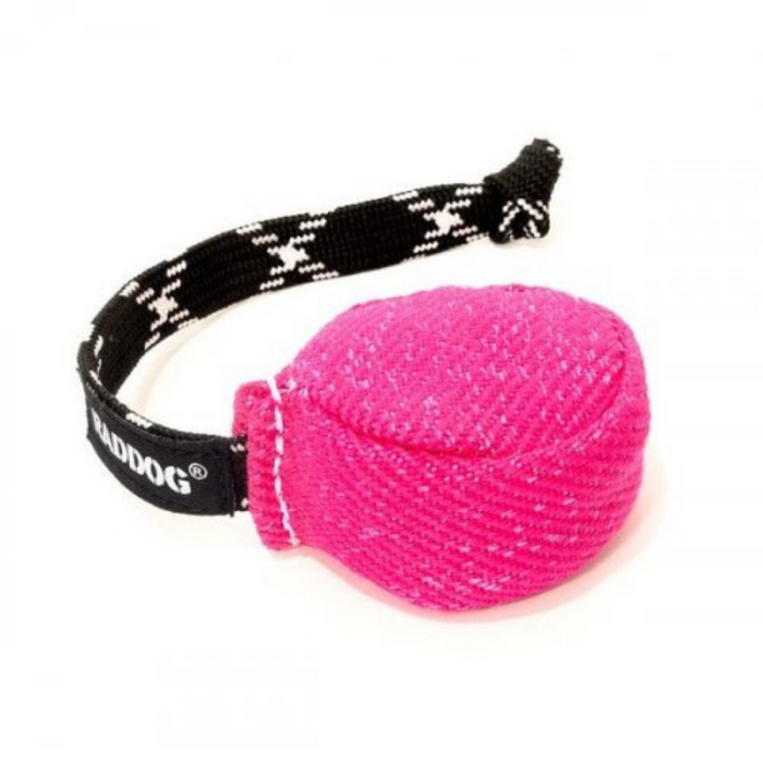 Pink fabric dog training puck with a textured woven surface and a black braided handle featuring white “RADDOG” branding, isolated on a white background.