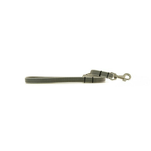 Short anti-slip dog training leash in olive green with textured grip and metal clasp on a white background.