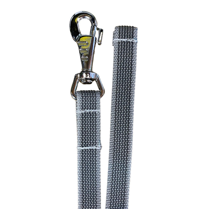 Close-up of gray anti-slip dog leash with textured webbing and stainless steel swivel clasp.