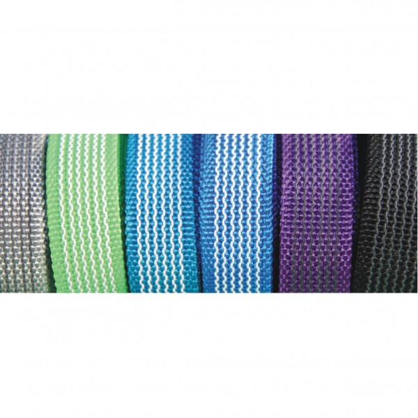 Close-up of multiple woven dog training materials in various colors, including gray, light green, turquoise, blue, purple, and black, displayed side by side with a textured pattern.