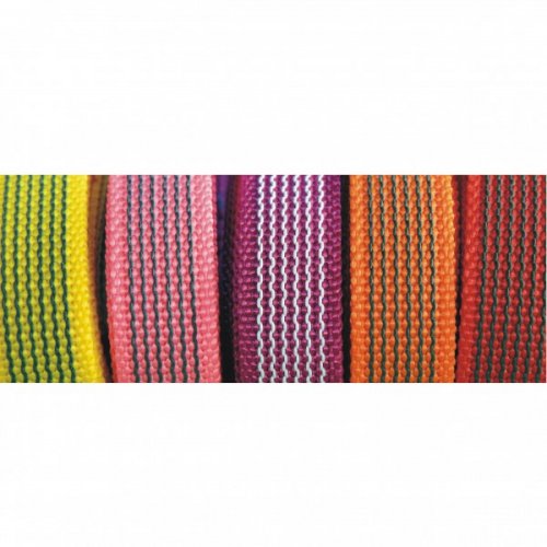 Close-up of woven dog training materials in bright colors, including yellow, pink, purple, orange, and red, displayed side by side with a textured striped pattern.