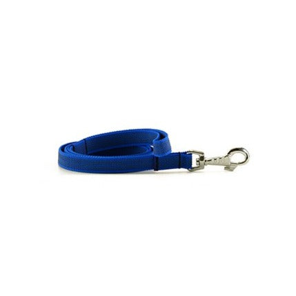 Blue dog leash made from durable nylon material, featuring a metal clip attachment, displayed on a white background.c