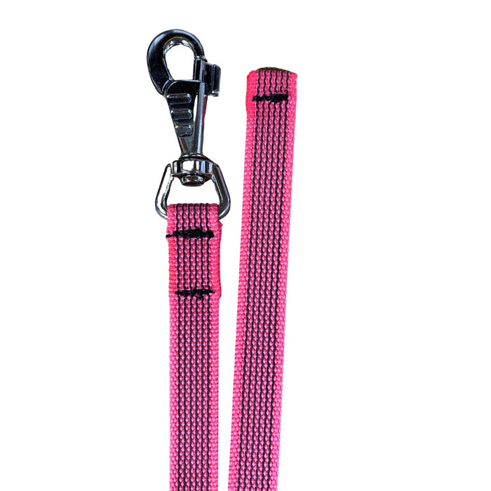 Close-up of a pink dog leash with black stitching, featuring a durable woven strap and a shiny metal clasp attachment, isolated on a light background.