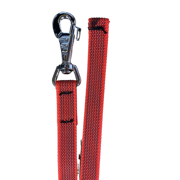 Close-up of a red dog leash with black stitching, featuring a durable woven strap and a shiny metal clasp attachment, isolated on a light background.