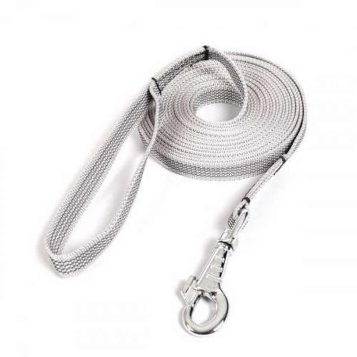 Light gray woven dog leash with a soft loop handle and a silver metal snap hook, coiled neatly and displayed against a light background.