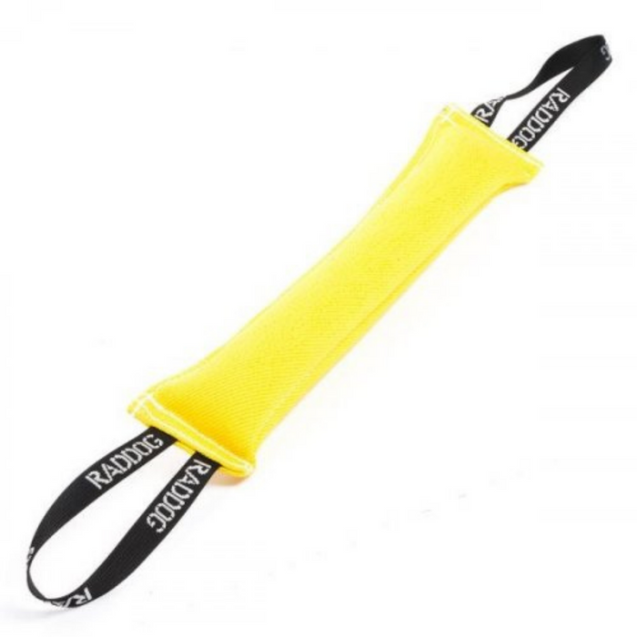 A yellow dog tug toy with black handles and the text 'RADDOG' on the strap.