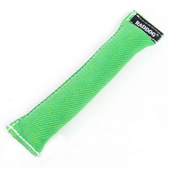 Bright green cylindrical dog training tug made of durable woven fabric, with stitched edges and a black “RADDOG” brand label on one end.
