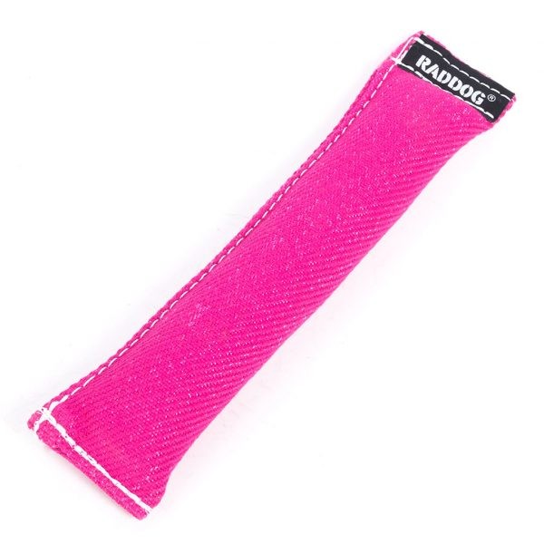 Pink cylindrical dog training tug made of durable woven fabric, with stitched edges and a black “RADDOG” brand label on one end.