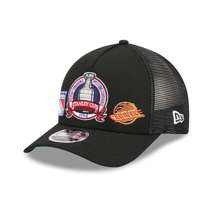 Pictured is this NHL Stanley Cup Champions New York Rangers 9FORTY M-Crown A-Frame Trucker Adjustable cap in black. 1