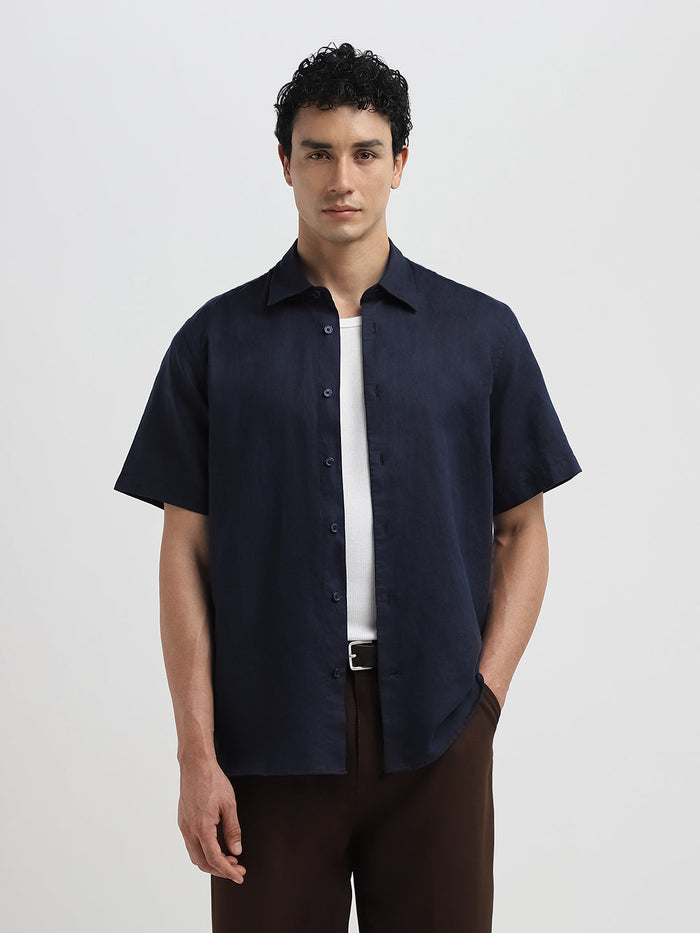 Regular Fit Linen Blend Shirt - Navy Blue