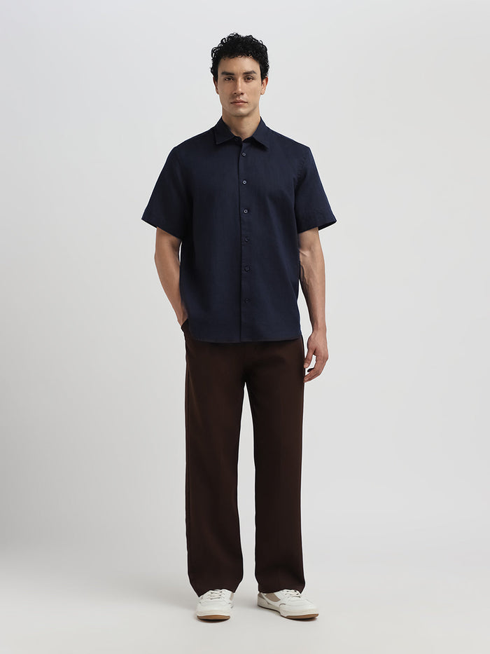 Regular Fit Linen Blend Shirt - Navy Blue