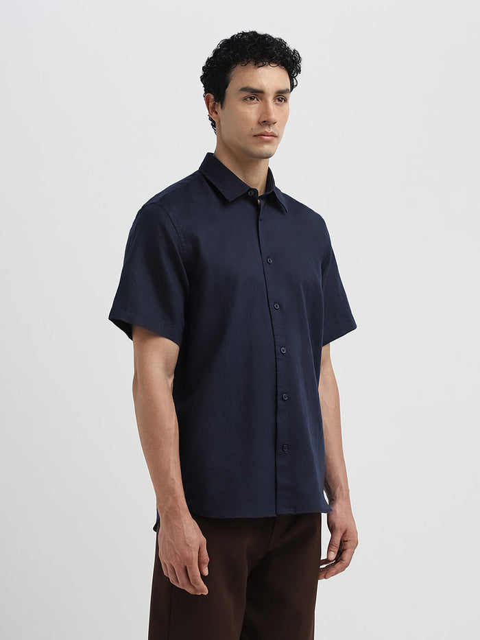 Regular Fit Linen Blend Shirt - Navy Blue