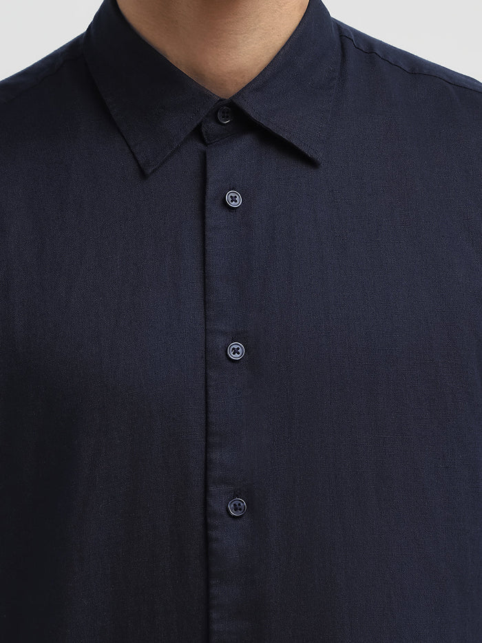 Regular Fit Linen Blend Shirt - Navy Blue