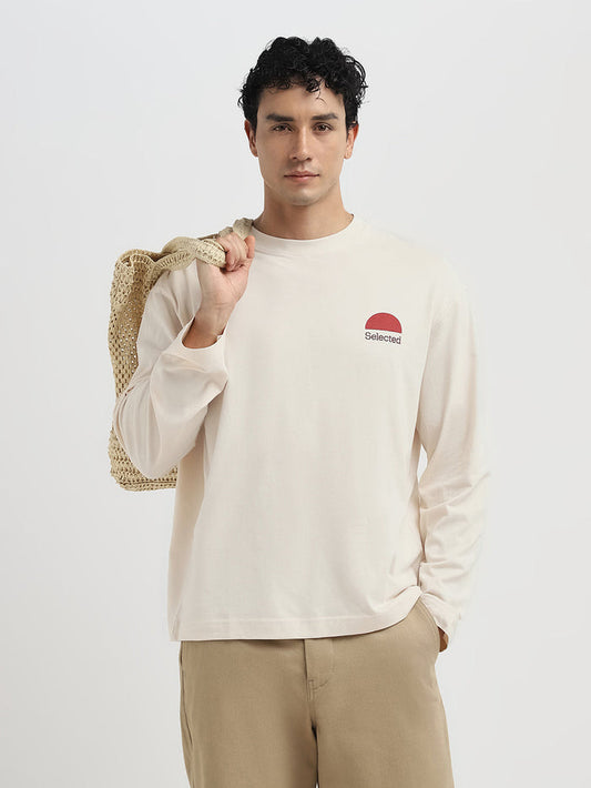Relaxed Fit Printed O-Neck T-Shirt - Beige