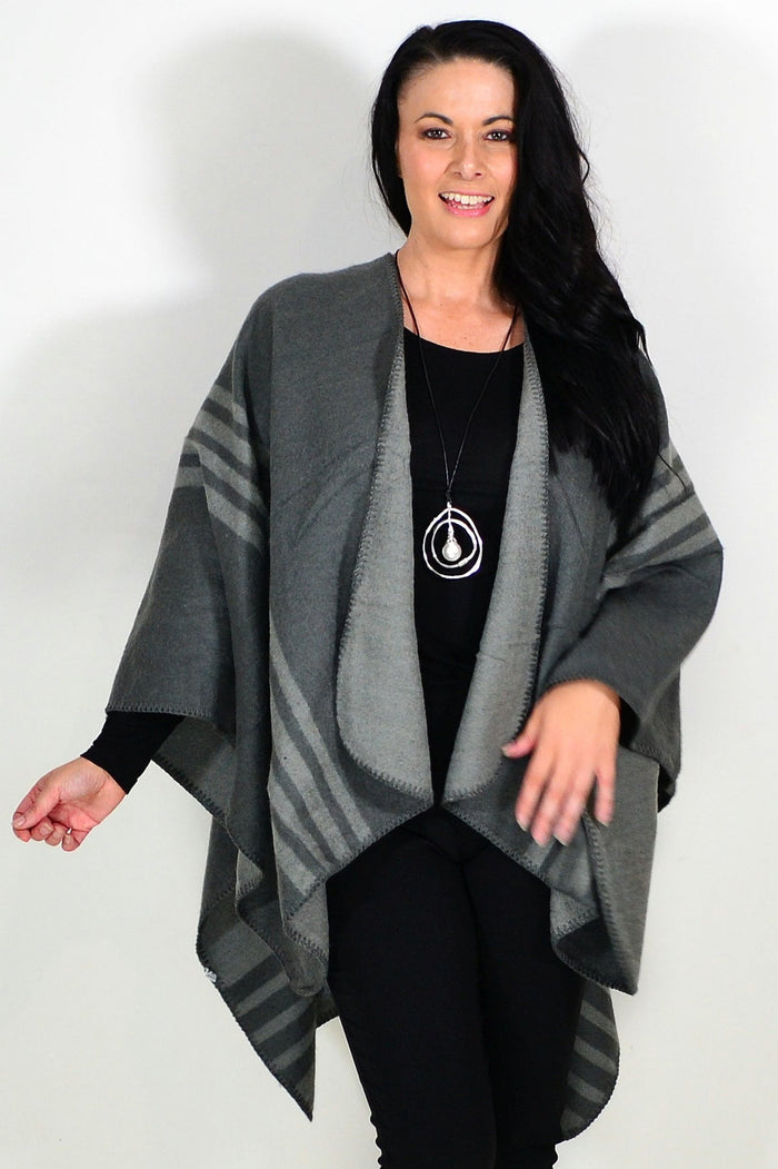 Reversible grey striped wool blend wrap from I Love Tunics, showcasing its soft fabric and stylish design.