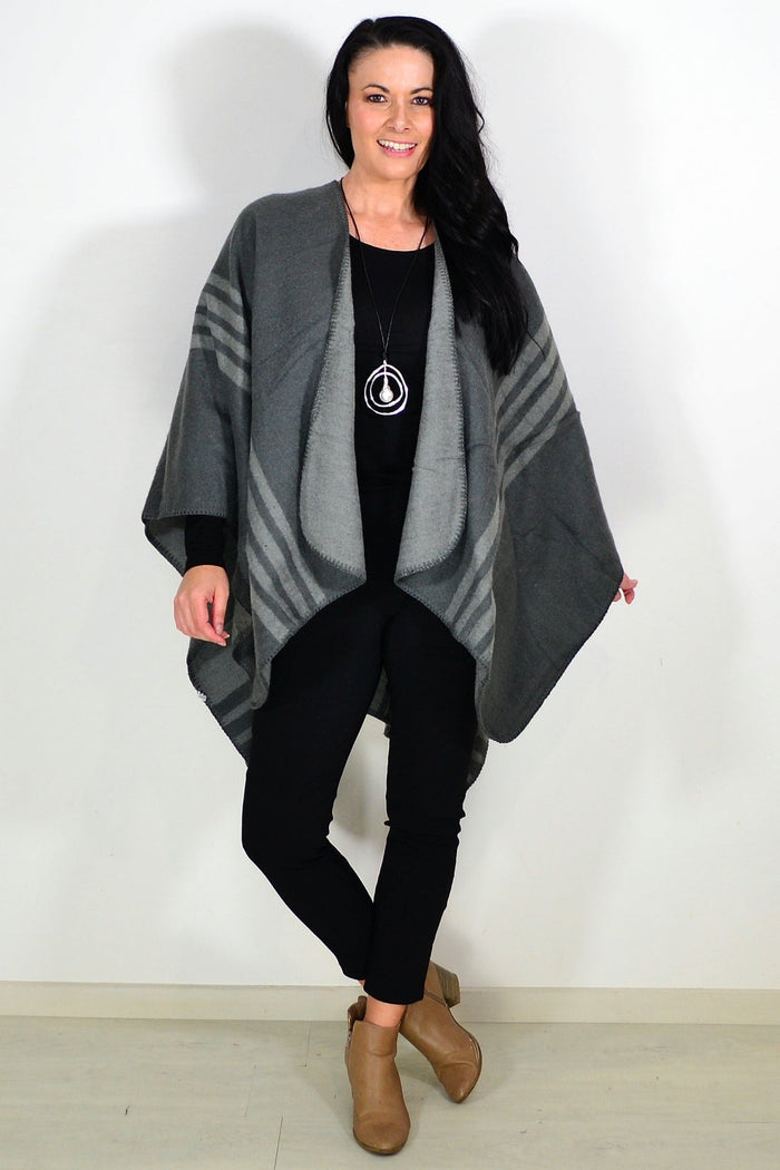 Reversible grey striped wool blend wrap by I Love Tunics, showing one side with grey and white stripes and the other solid grey.