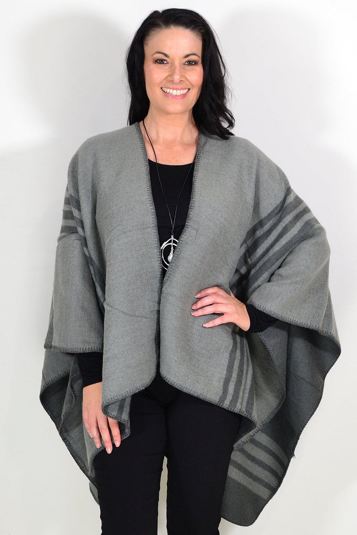 Reversible grey striped wool blend wrap from I Love Tunics, showing its soft, cozy fabric and stylish reversible design.