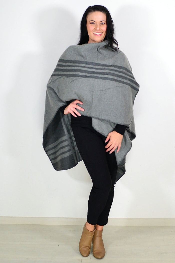 Reversible grey striped wool blend wrap from I Love Tunics, showcasing its cozy, versatile design and soft fabric.