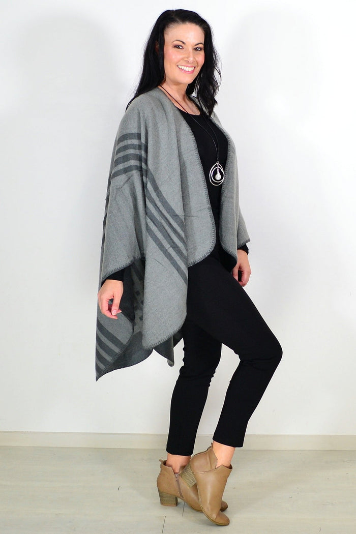 Reversible grey striped wool blend wrap by I Love Tunics, shown draped and folded on a neutral background.