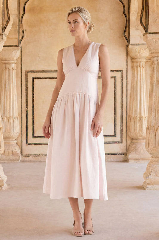 Rhia Dropped Waist Linen Blend Dress | Rose Water