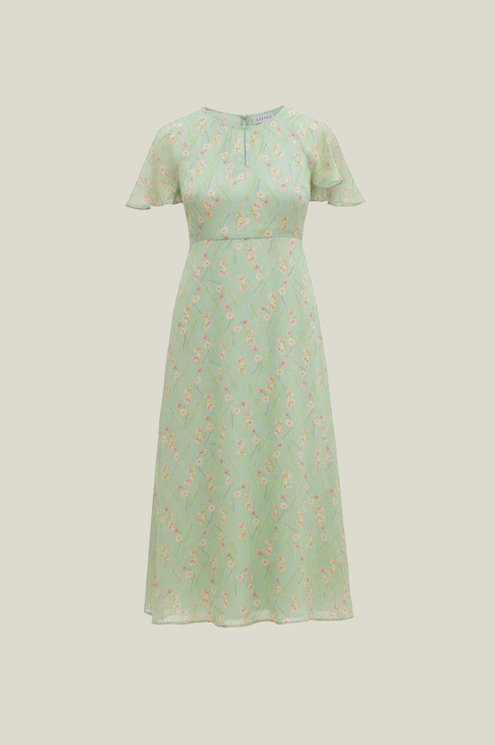 RHS Printed Cape Sleeved Dress | Sage - Aspiga
