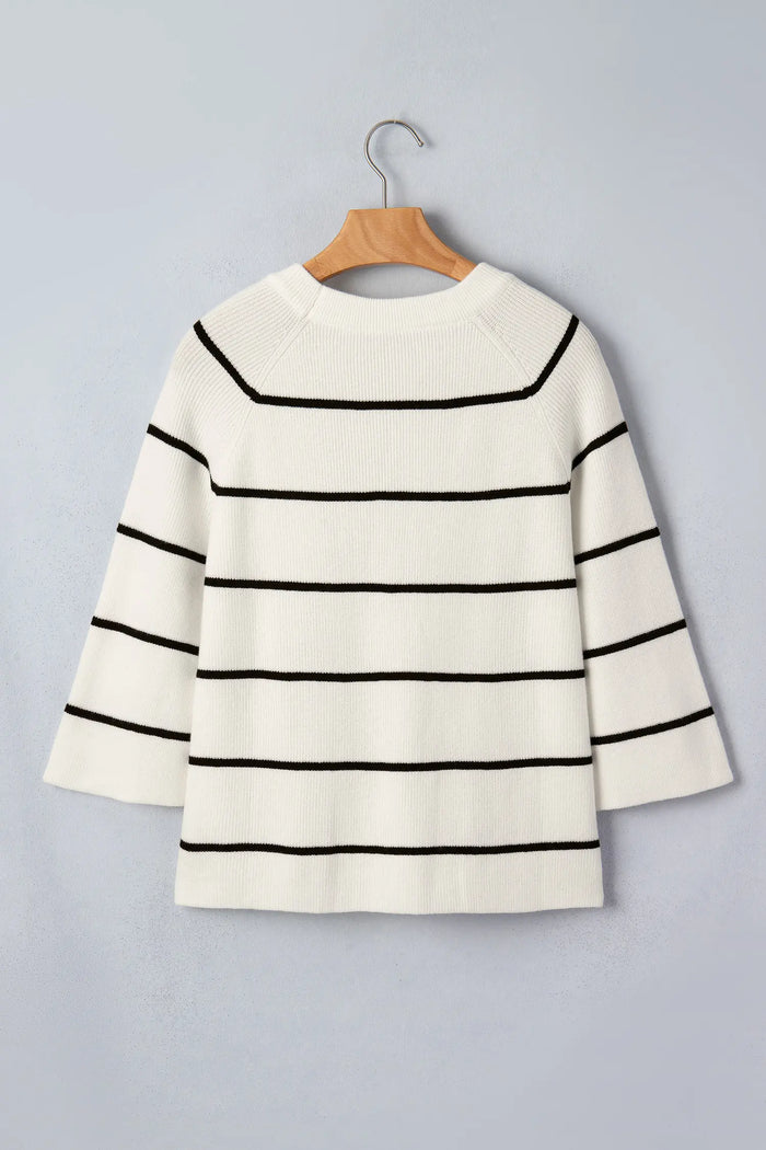 Ribbed Knit Half Sleeve Loose Sweater Tee – White Stripe