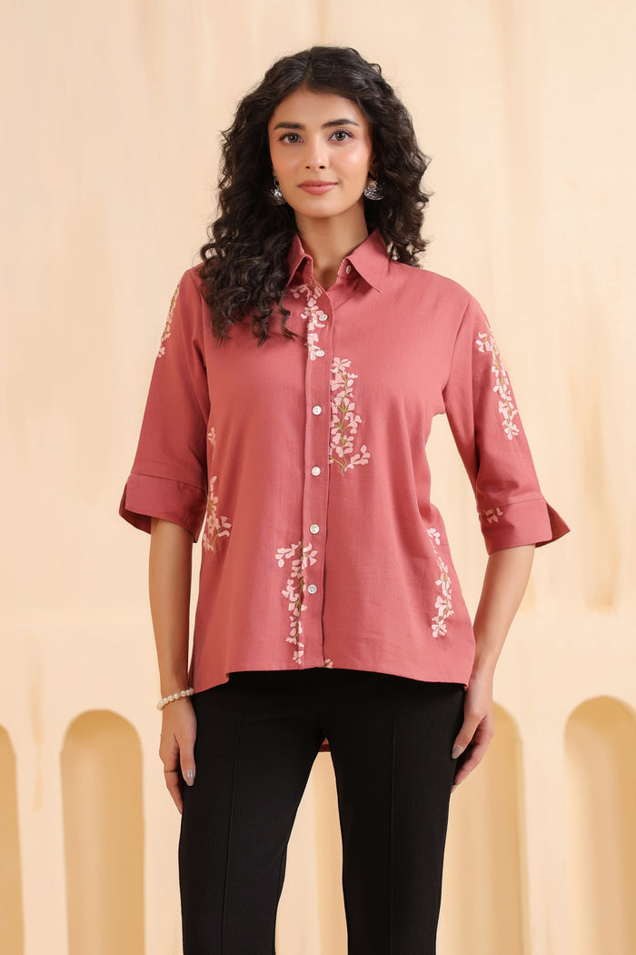 Rosewood Blossom Embroidered Cotton Flex Shirt