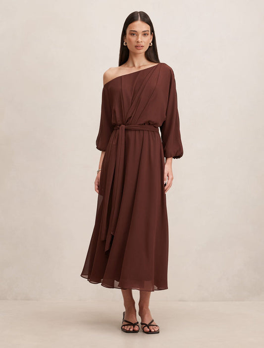 Samantha Tipped Draped Midi Dress Dark Chocolate Truffle Forever New