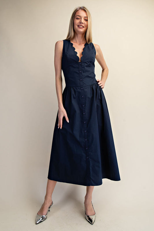 Scallop Neck Sleeveless Midi Dress - Midnight Navy