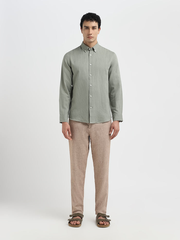 Slim Fit Linen Blend Shirt - Green