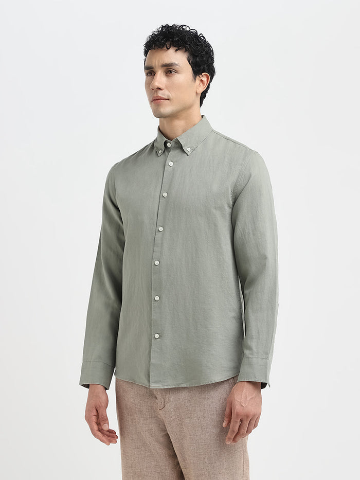 Slim Fit Linen Blend Shirt - Green
