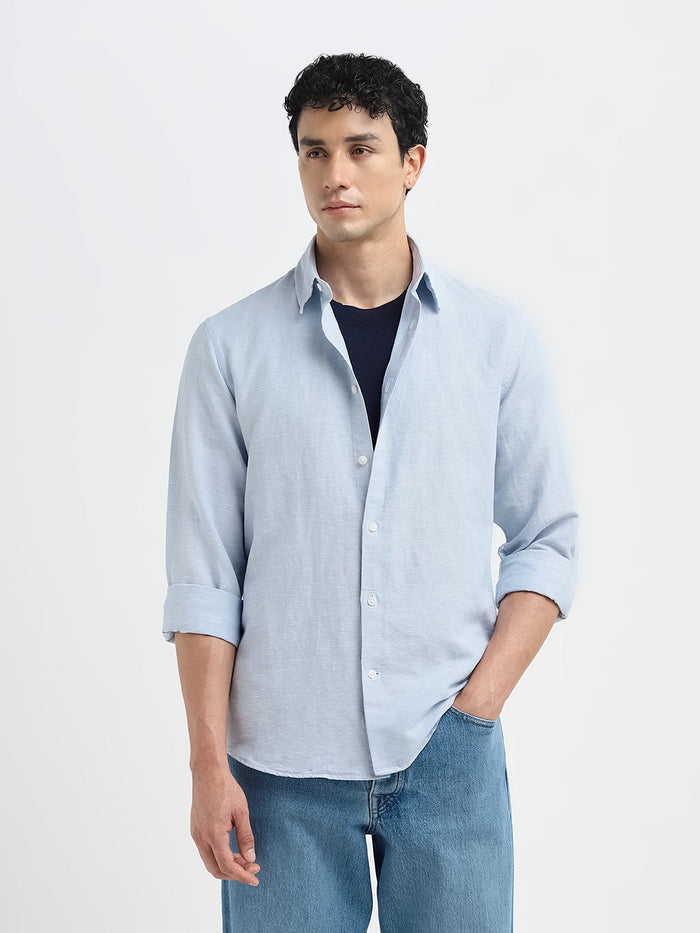 Slim Fit Linen Blend Shirt - Light Blue