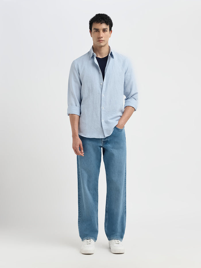 Slim Fit Linen Blend Shirt - Light Blue