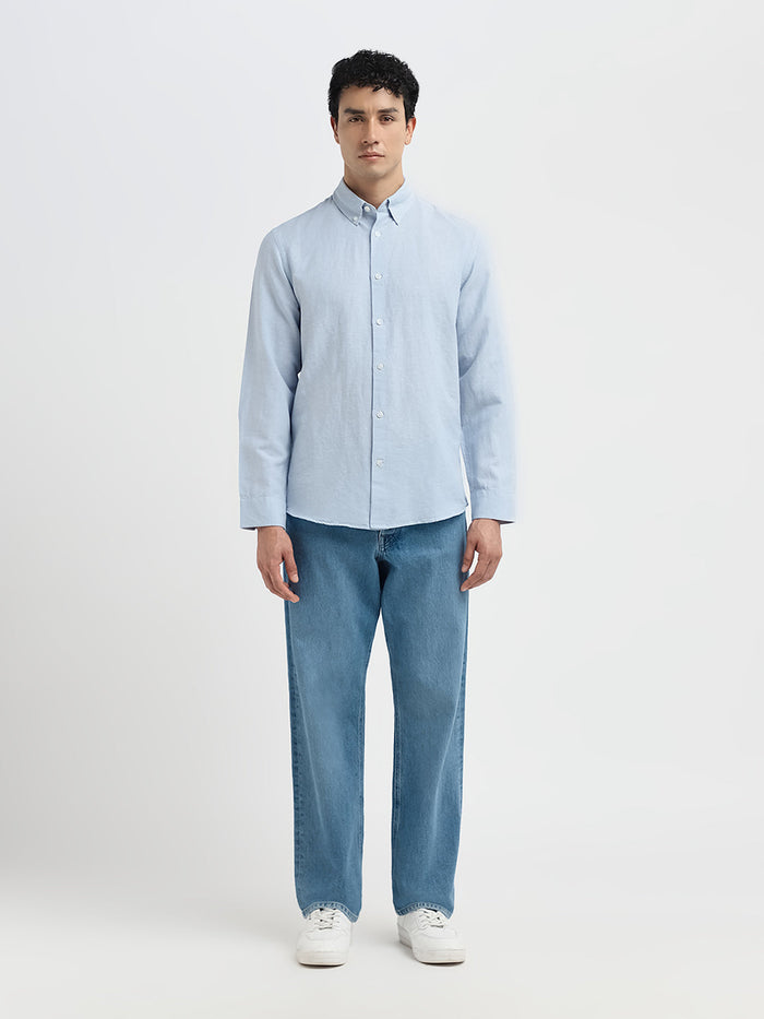 Slim Fit Linen Blend Shirt - Light Blue