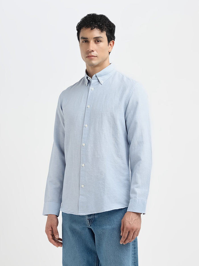Slim Fit Linen Blend Shirt - Light Blue