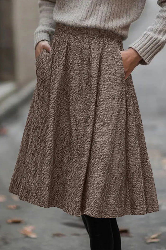 Solid Color Textured Pleated Midi Skirt – Brown