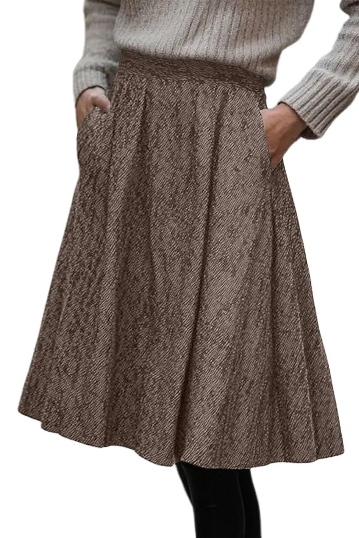Solid Color Textured Pleated Midi Skirt – Brown