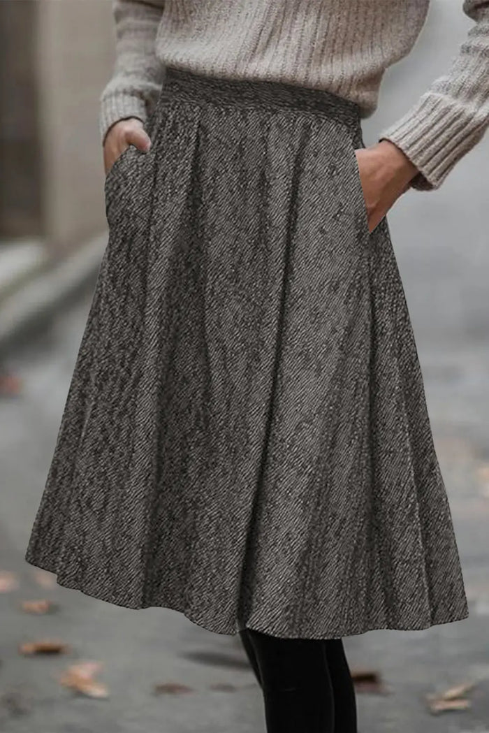 Solid Color Textured Pleated Midi Skirt – Brown