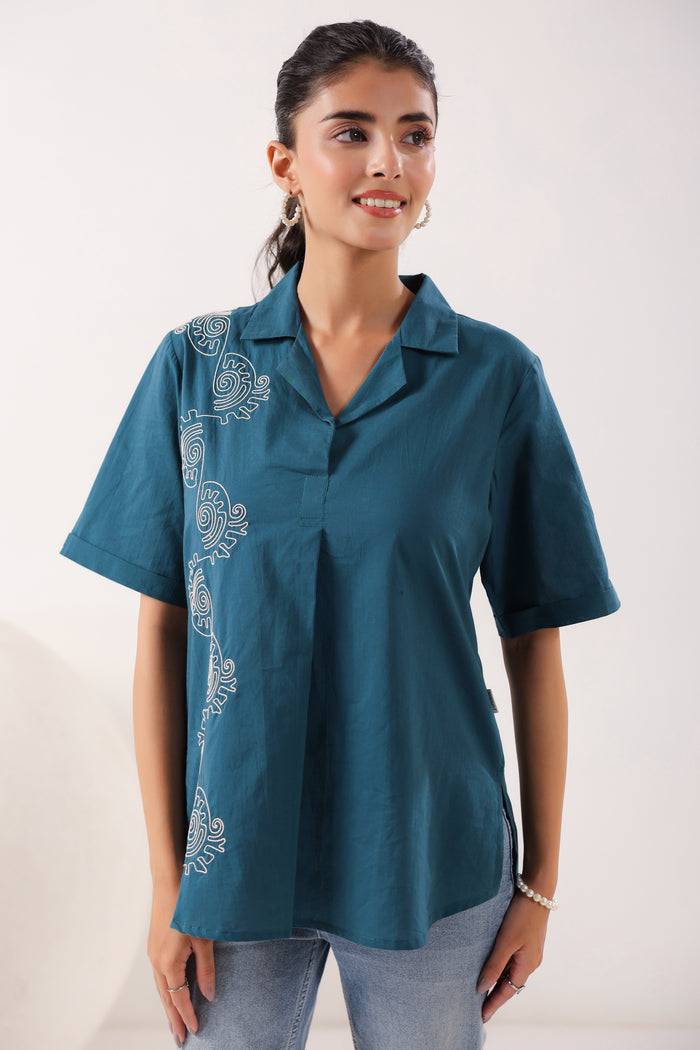Spiral Elegance Teal Cotton Embroidered Top