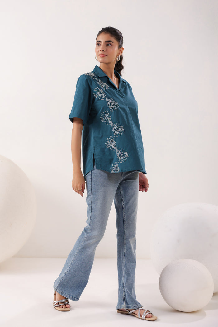 Spiral Elegance Teal Cotton Embroidered Top