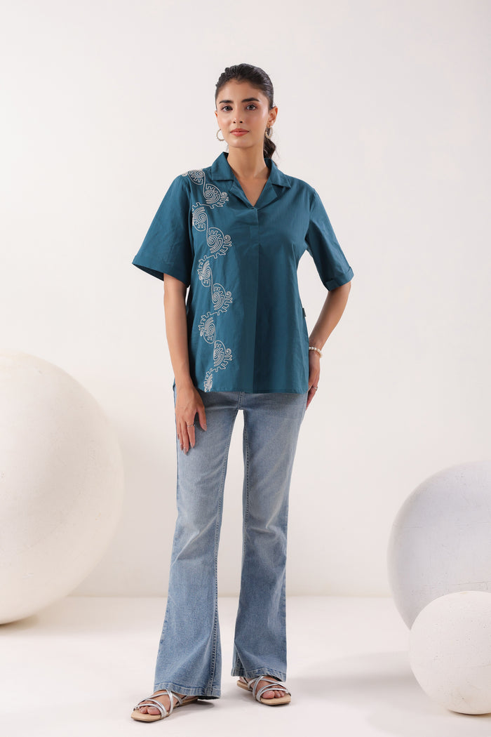 Spiral Elegance Teal Cotton Embroidered Top