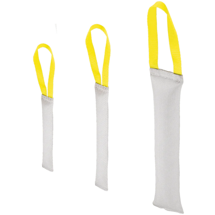 three white tug toy with yellow handles on a white background