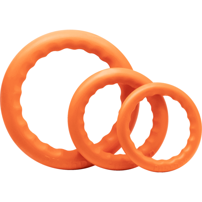Bright orange ring dog toy with a textured surface designed for easy grip and visibility.