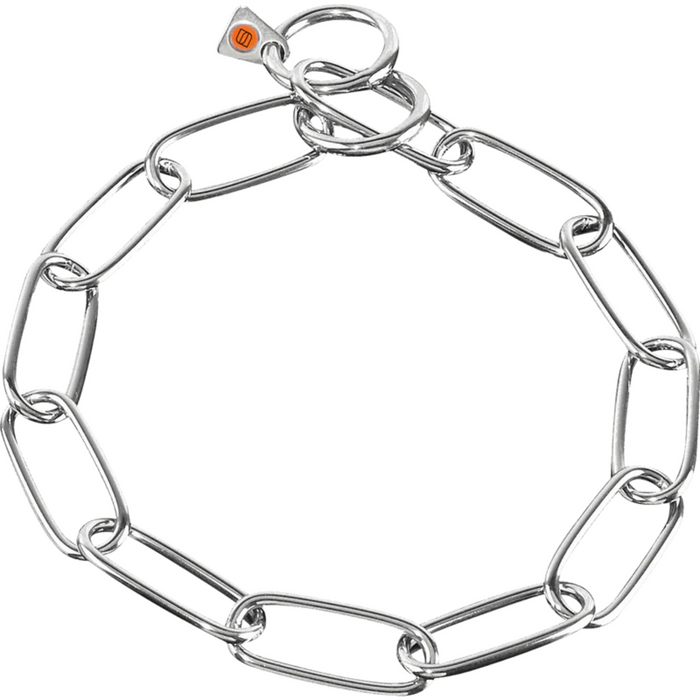 Silver chain collar on a white background.