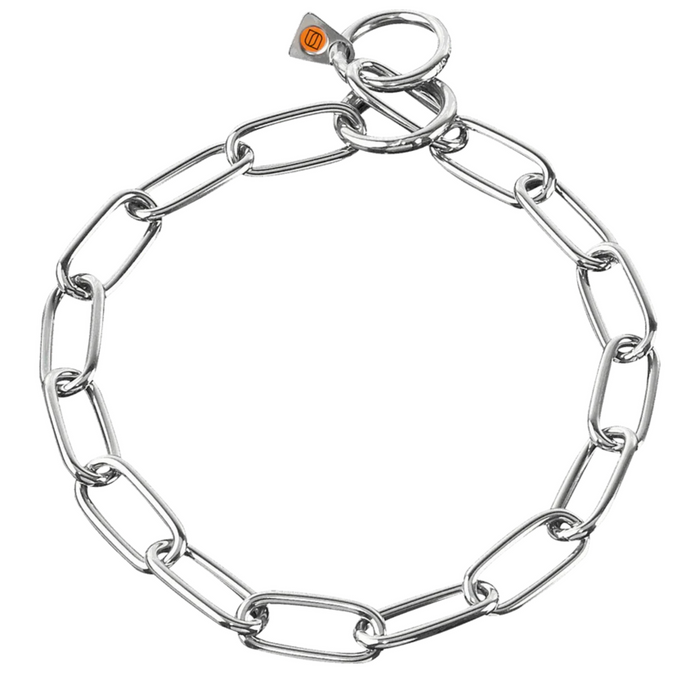 Metal chain collar on a white background.